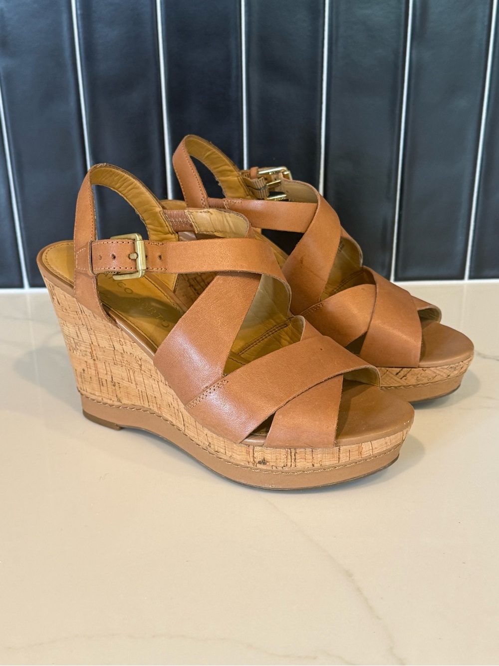 Franco Sarto Cognac Leather Cork Wedge Sandals